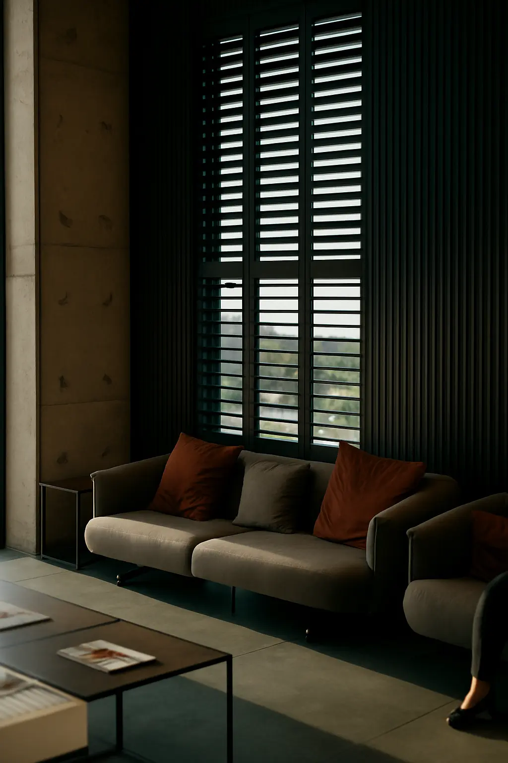 Woonkamer met zwarte shutters voor een hoog raam en een bank met terracotta kussens